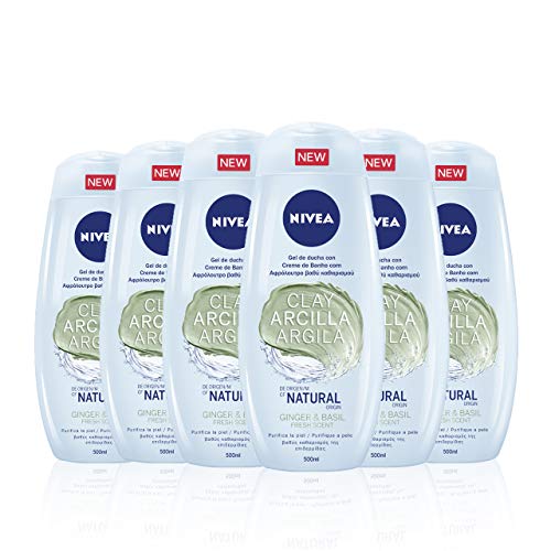 NIVEA Gel de Ducha con Arcilla Jengibre & Albahaca en pack de 6 (6 x 500 ml), gel de baño para una limpieza profunda de la piel, gel purificante y refrescante
