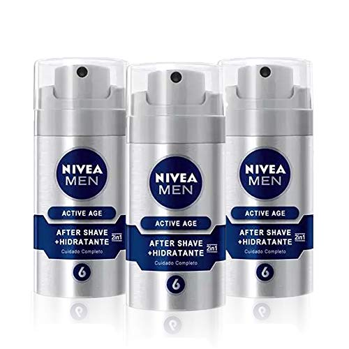 NIVEA MEN Active Age Bálsamo Anti-edad 2en1 en pack de 3 (3 x 75 ml), bálsamo after shave para calmar la irritación, hidratante facial antiedad para piel madura