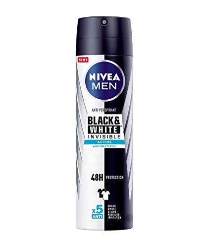NIVEA MEN Black & White Invisible Active Spray (1 x 200 ml), desodorante antimanchas de cuidado masculino, desodorante invisible para proteger la piel y la ropa