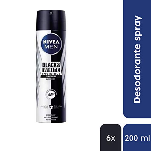 NIVEA MEN Black & White Invisible Original Spray en pack de 6 (6 x 200 ml), desodorante antimanchas de cuidado masculino, desodorante invisible para cuidar piel y ropa