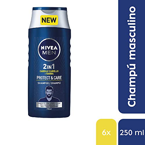 NIVEA MEN Protect & Care Champú para Cabello y Barba, de hombre para todo tipo de cabello, champú 2 en 1 para una limpieza profunda - pack de 6 x 250 ml