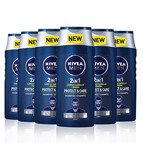 NIVEA MEN Protect & Care Champú para Cabello y Barba, de hombre para todo tipo de cabello, champú 2 en 1 para una limpieza profunda - pack de 6 x 250 ml