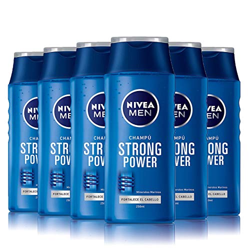 NIVEA MEN Strong Power Champú para hombre, para dar volumen y fortalecer el cabello, reparador - pack de 6 x 250 ml