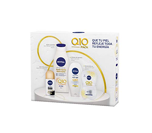 NIVEA Pack Body Q10 con loción reafirmante (1 x 400 ml), crema de manos (1 x 100 ml), desodorante roll on (1 x 50 ml) y mascarilla facial antiarrugas (1 x 15 ml)