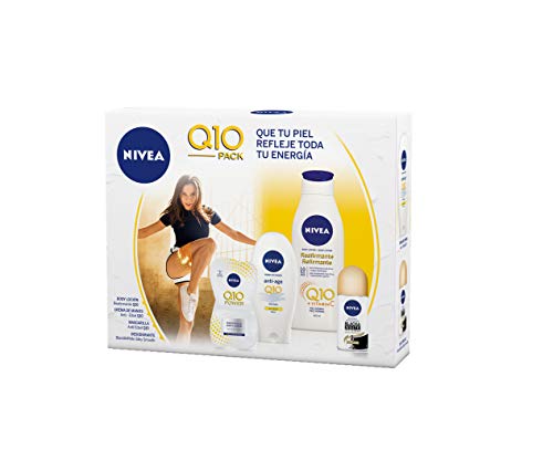NIVEA Pack Body Q10 con loción reafirmante (1 x 400 ml), crema de manos (1 x 100 ml), desodorante roll on (1 x 50 ml) y mascarilla facial antiarrugas (1 x 15 ml)