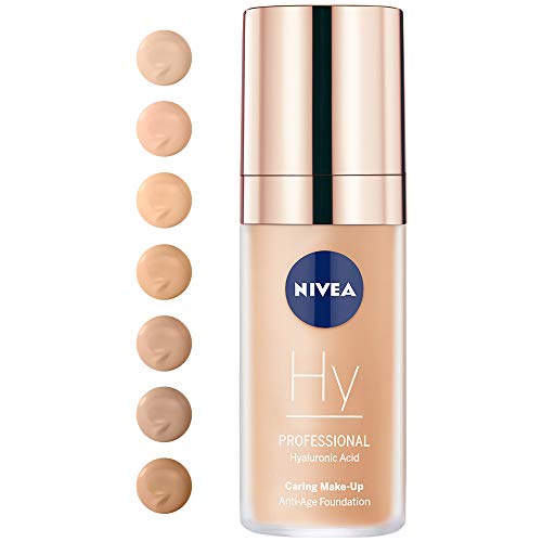 NIVEA PROFESSIONAL Ácido hialurónico, base de maquillaje profesional, 40W, pieles oscuras, maquillaje antiedad para reducir las arrugas, base para maquillaje con triple efecto antiedad, 1 x 30 ml