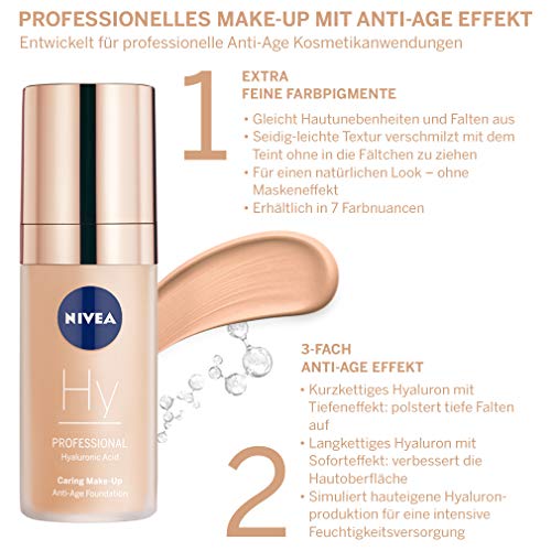 NIVEA PROFESSIONAL Ácido hialurónico, base de maquillaje profesional, 40W, pieles oscuras, maquillaje antiedad para reducir las arrugas, base para maquillaje con triple efecto antiedad, 1 x 30 ml