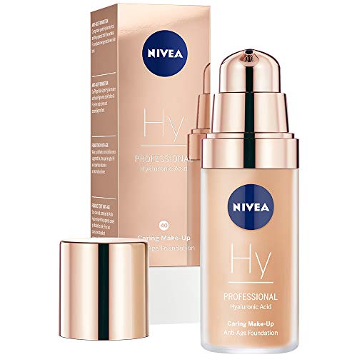 NIVEA PROFESSIONAL Ácido hialurónico, base de maquillaje profesional, 40W, pieles oscuras, maquillaje antiedad para reducir las arrugas, base para maquillaje con triple efecto antiedad, 1 x 30 ml