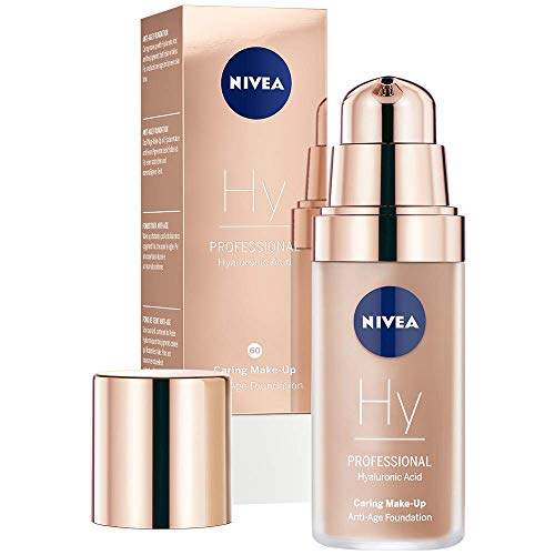 NIVEA PROFESSIONAL Ácido hialurónico, base de maquillaje profesional, 60C, pieles claras, maquillaje antiedad para reducir las arrugas, base para maquillaje con triple efecto antiedad, 1 x 30 ml