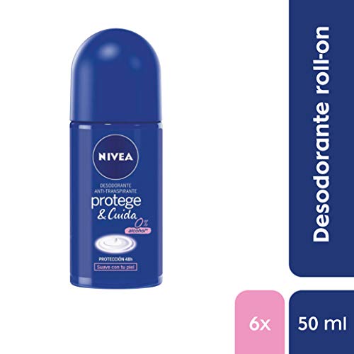 NIVEA Protege & Cuida Roll-on en pack de 6 (6 x 50 ml), desodorante antitranspirante con el aroma de NIVEA Creme, desodorante roll on con 0% alcohol