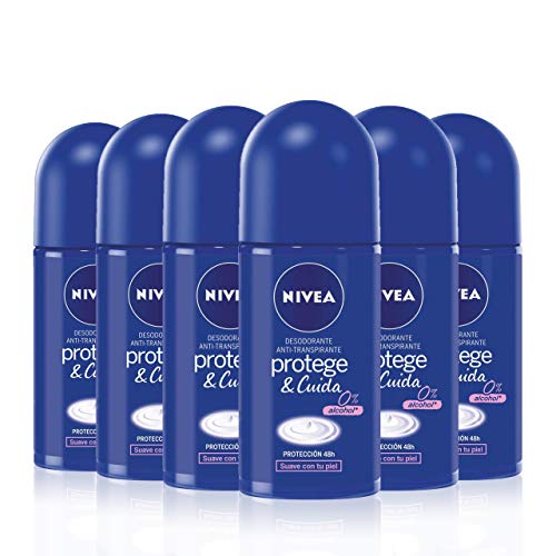 NIVEA Protege & Cuida Roll-on en pack de 6 (6 x 50 ml), desodorante antitranspirante con el aroma de NIVEA Creme, desodorante roll on con 0% alcohol