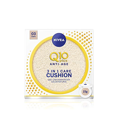 NIVEA Q10 3en1 Cushion Tono Oscuro (1 x 15 ml), perfeccionador facial, cuidado facial hidratante y antiedad con protector facial 15 para una piel uniforme y natural