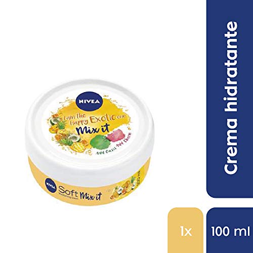 NIVEA Soft Mix It Happy Exotic (1 x 100 ml), crema hidratante con fragancia de frutas tropicales, crema multiusos para el cuidado de la piel de manos, cara y cuerpo