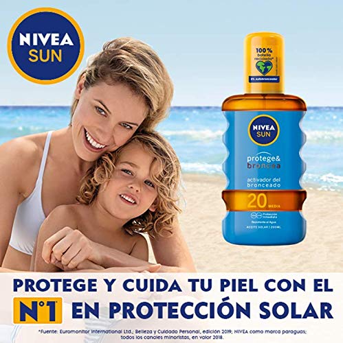 NIVEA SUN Protege & Broncea Aceite Solar FP20 (1 x 200 ml), activador del bronceado, protección solar media resistente al agua con 0% autobronceador
