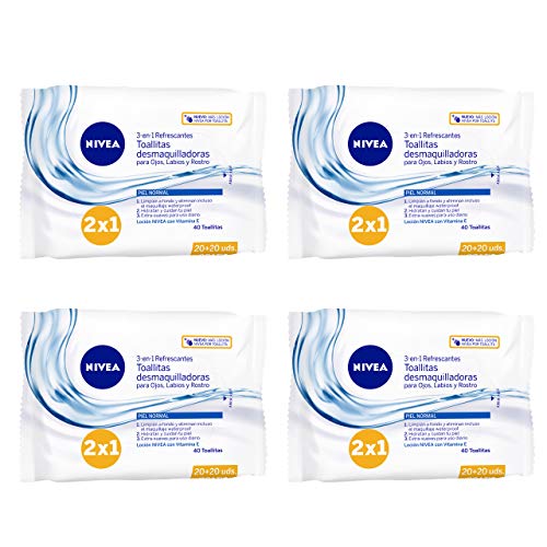 NIVEA Toallitas Desmaquilladoras Refrescantes en pack de 4 (4 x 40 ud), toallitas desmaquillantes para piel normal y mixta, toallitas húmedas para rostro, ojos y cuello