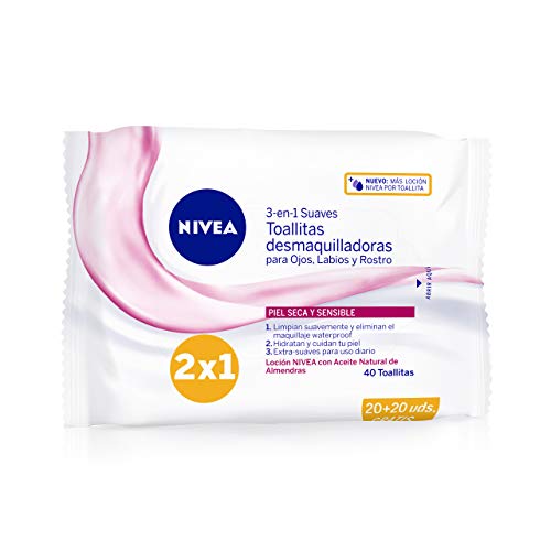 NIVEA Toallitas Desmaquilladoras Suaves (1 x 40 ud), toallitas desmaquillantes para piel seca y sensible, toallitas húmedas para rostro, ojos, labios y cuello