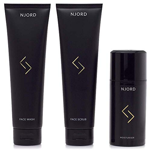 NJORD In Your Face, Kit de Cuidado Facial Hombre; Incluye Gel Facial Limpiador (150 ml), Exfoliante Facial (150 ml), Crema Hidratante Facial (100 ml) y Neceser Gratuito, 4 unidades