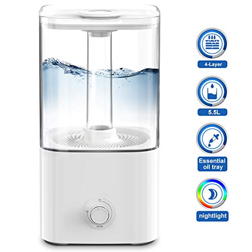 Nobebird 5.5L Humidificador Ultrasónico, Humidificador de Aire Silencioso de 360° Rotativo, Control Clásico Dial, Inducción automática, 7 Colores LED Luz para Hogar y Oficina