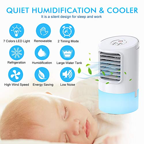 Nobebird Aire Acondicionado Portátil, Climatizador Evaporativo, 3 en 1 Mini Ventilador de Escritorio Humidificador Purificador de Aire Personal con 3 Velocidades y 7 Colores LED Luz Hogar/Oficina