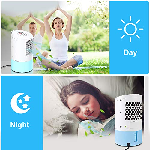Nobebird Aire Acondicionado Portátil, Climatizador Evaporativo, 3 en 1 Mini Ventilador de Escritorio Humidificador Purificador de Aire Personal con 3 Velocidades y 7 Colores LED Luz Hogar/Oficina