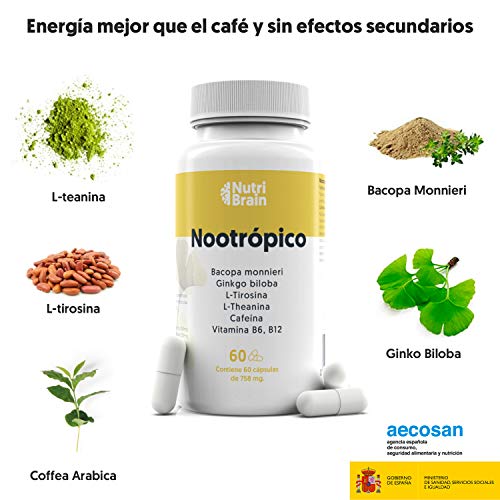 Nootrópico Natural Envase XL 60 Cápsulas | Fórmula para incrementar la energía, concentración y agilidad mental | Cafeína, Ginko Biloba, Tirosina, Teanina, Bacopa Monnieri y Vitaminas