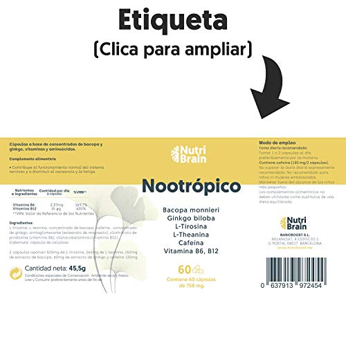 Nootrópico Natural Envase XL 60 Cápsulas | Fórmula para incrementar la energía, concentración y agilidad mental | Cafeína, Ginko Biloba, Tirosina, Teanina, Bacopa Monnieri y Vitaminas
