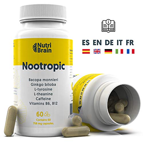 Nootrópico Natural Envase XL 60 Cápsulas | Fórmula para incrementar la energía, concentración y agilidad mental | Cafeína, Ginko Biloba, Tirosina, Teanina, Bacopa Monnieri y Vitaminas