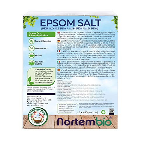 Nortembio Sales de Epsom Pack 3 x 430 g. Fragancias de Vainilla, Rosas, Limón. Hidratadas con Vitamina C y E. Sales de Baño, Aromaterapia, Terapias de Flotación. E-Book Incluido.