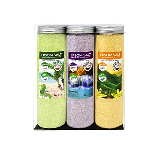 Nortembio Sales de Epsom Pack 3 x 430 g. Fragancias de Vainilla, Rosas, Limón. Hidratadas con Vitamina C y E. Sales de Baño, Aromaterapia, Terapias de Flotación. E-Book Incluido.