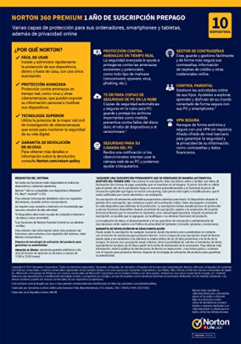 Norton 360 Premium 2021 - Antivirus software para 10 Dispositivos y 1 año de suscripción con renovación automática, Secure VPN y Gestor de contraseñas, para PC, Mac tableta y smartphone