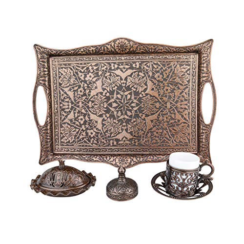 Nosy Nomad Juego de café: Set de 6 Tazas de Café Turco, Plato de Dulces, Cobre Fundido Original | Juego de Café Turco de Cobre con Tazas Otomanas | Conjunto de 6