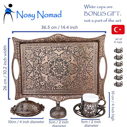 Nosy Nomad Juego de café: Set de 6 Tazas de Café Turco, Plato de Dulces, Cobre Fundido Original | Juego de Café Turco de Cobre con Tazas Otomanas | Conjunto de 6