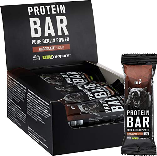 nu3 Barrita de Proteínas - 12 x 50g – Barras con proteína (20g) sabor a chocolate – Para mantener masa muscular – Mejoradas con whey protein, creatina y creapure – 3.95g de fibra y solo 160 Kcal