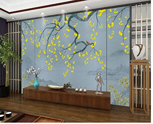 Nuevo estilo chino antiguo ginkgo hojas de sauce de bambú flores y pájaros pintura de paisaje fondo de TV papel de pared decoración de sala de estar simple revestimiento de paredes-250X160CM