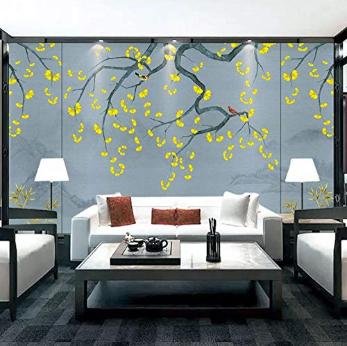 Nuevo estilo chino antiguo ginkgo hojas de sauce de bambú flores y pájaros pintura de paisaje fondo de TV papel de pared decoración de sala de estar simple revestimiento de paredes-250X160CM