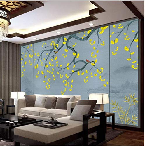 Nuevo estilo chino antiguo ginkgo hojas de sauce de bambú flores y pájaros pintura de paisaje fondo de TV papel de pared decoración de sala de estar simple revestimiento de paredes-250X160CM
