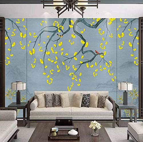 Nuevo estilo chino antiguo ginkgo hojas de sauce de bambú flores y pájaros pintura de paisaje fondo de TV papel de pared decoración de sala de estar simple revestimiento de paredes-250X160CM