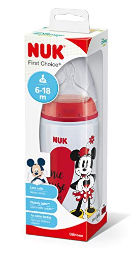 NUK Disney Mickey First Choice+ - Biberón de polipropileno para bebés (con tetina anticólicos, silicona, a partir de 6-18 meses, 300 ml) rojo Rojo (nuevo).