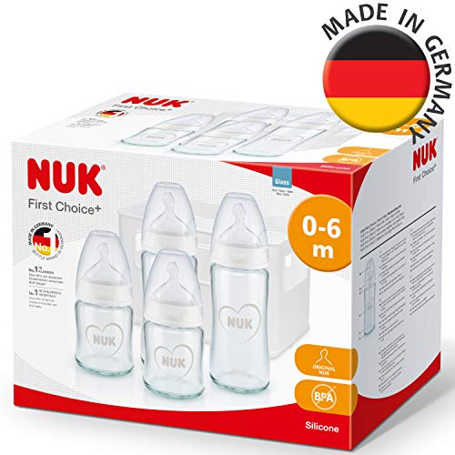 NUK First Choice+ kit de biberones de iniciación de cristal, 0-6 meses, 4 biberones anticólico y una cesta para biberones, Sin BPA, Gris y blanco, 5 unidades