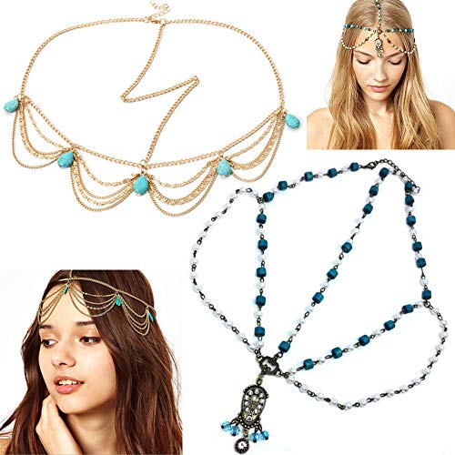 Nuluxi Cadena de Cabeza Turquesa para Niñas Metal Joyas para el Pelo con Borlas Turquesa Metal Diadema para Mujeres Diseño Unique y Moderno Accesorios para el Cabello para Mujeres y Niñas (4 Piezas)