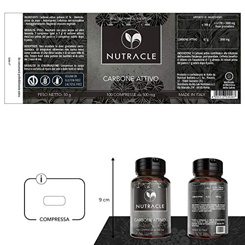 NUTRACLE - 100 Tabletas de Carbón Vegetal Activado de 500 mg | Elimina gases intestinales, Combate la Inflamación del Vientre y el Meteorismo