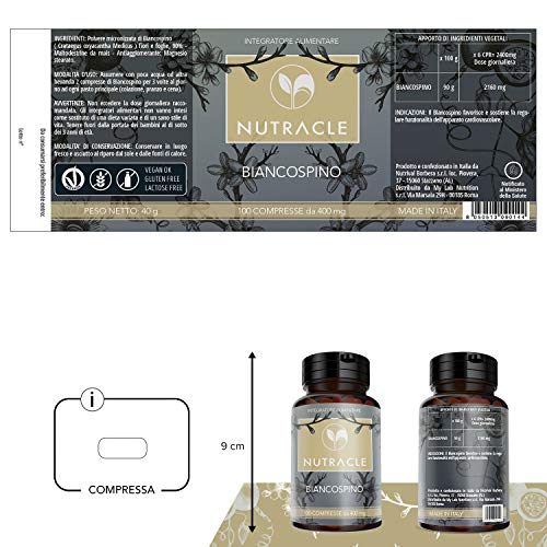 NUTRACLE - 100 tabletas de Crataegus monogyna (espino organico) de 400mg - Remedio natural contra el estrés, Ayuda a normalizar la presión arterial
