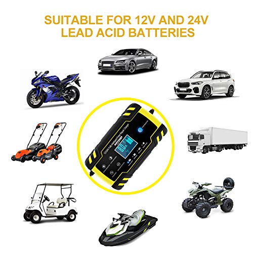 NWOUIIAY Cargador de Batería 8A 12V/4A 24V Mantenimiento Automático Inteligente con Múltiples Protecciones para Coche Moto ATV RV Barco
