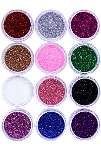 NYK1 12 botes de brillantina coloreada, polvo fino, para decoración de uñas, decoración y diseño de cara, cuerpo y pelo