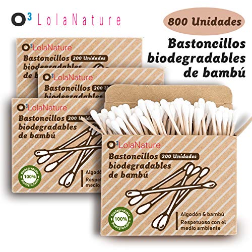 O³ Bastoncillos Ecologicos 800 Unidades | Bastoncillos Biodegradables 4 * 200 Pcs Solo Algodón y Bambu | Bastoncillos Oidos Ecologicos Multiuso | Bastoncillos Bambu 100% Biodegradable Y Compostable