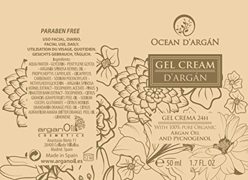 OCEAN D’ARGÁN - Crema Hidratante Facial Mujer- Fabricada en España- Con Argan, Vitamina E, Pycnogenol | Crema Ligera para todo tipo de piel | Día y Noche | Sin Parabenos