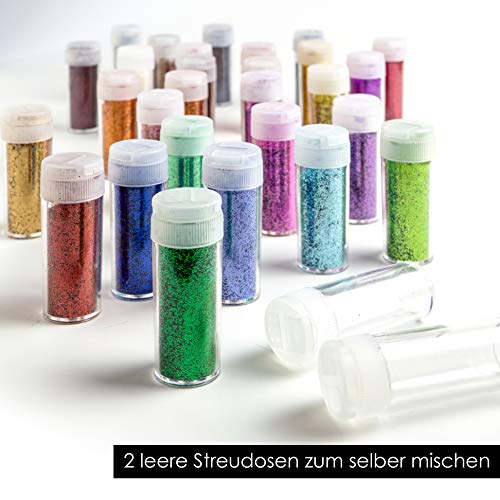 OfficeTree Purpurina Manualidades 28 Colores de 10g y 2 Tubos Vacíos - Purpurina Uñas - Purpurina para Manualidades Cuerpo Uñas y Arte - Función de Dispersión Fina o Gruesa