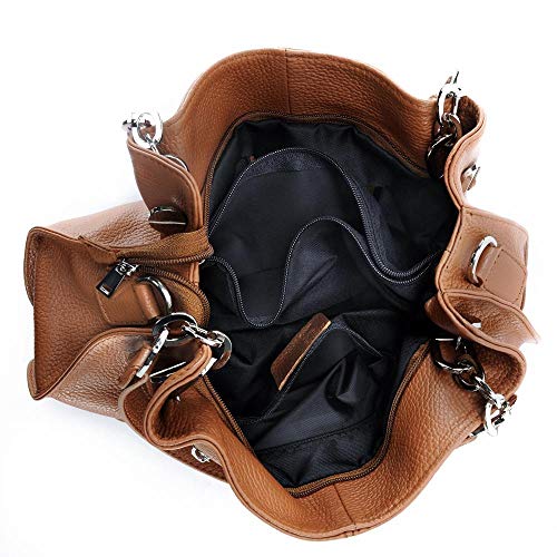 OH MY BAG - Bolso modelo DENZEL-en auténtica piel granulada para hombro y mano y bandolera, fabricado en Italia, para mujer, elegante, azul, pato, talla única, (coñac), Talla única