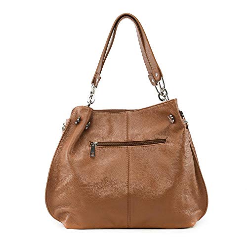 OH MY BAG - Bolso modelo DENZEL-en auténtica piel granulada para hombro y mano y bandolera, fabricado en Italia, para mujer, elegante, azul, pato, talla única, (coñac), Talla única