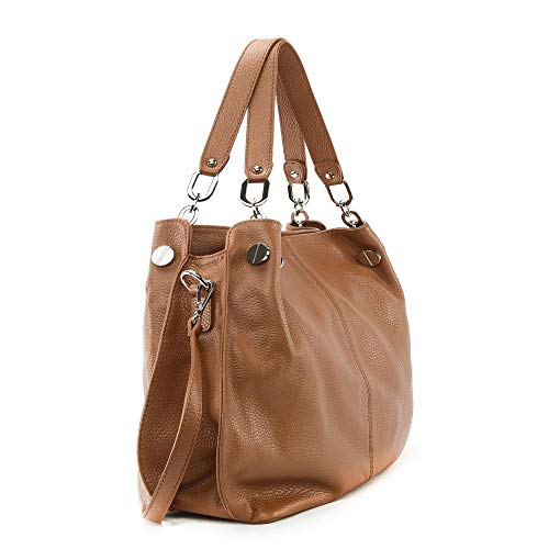 OH MY BAG - Bolso modelo DENZEL-en auténtica piel granulada para hombro y mano y bandolera, fabricado en Italia, para mujer, elegante, azul, pato, talla única, (coñac), Talla única